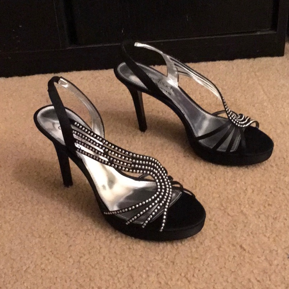 Black formal summer open toe heels with rhinestones